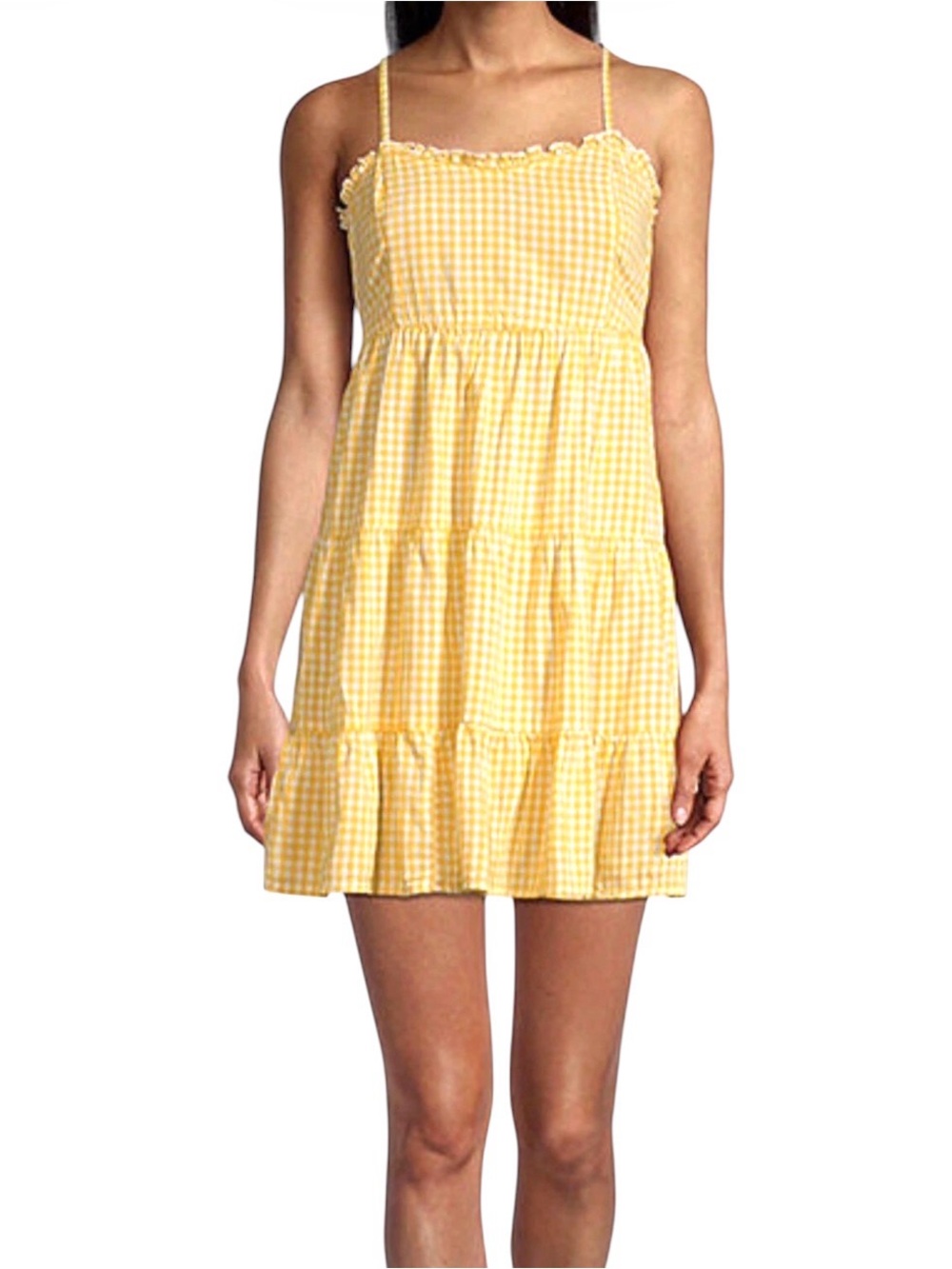 Juniors Yellow Gingham Babydoll Dress with Ruffled Trim and Spaghetti Straps